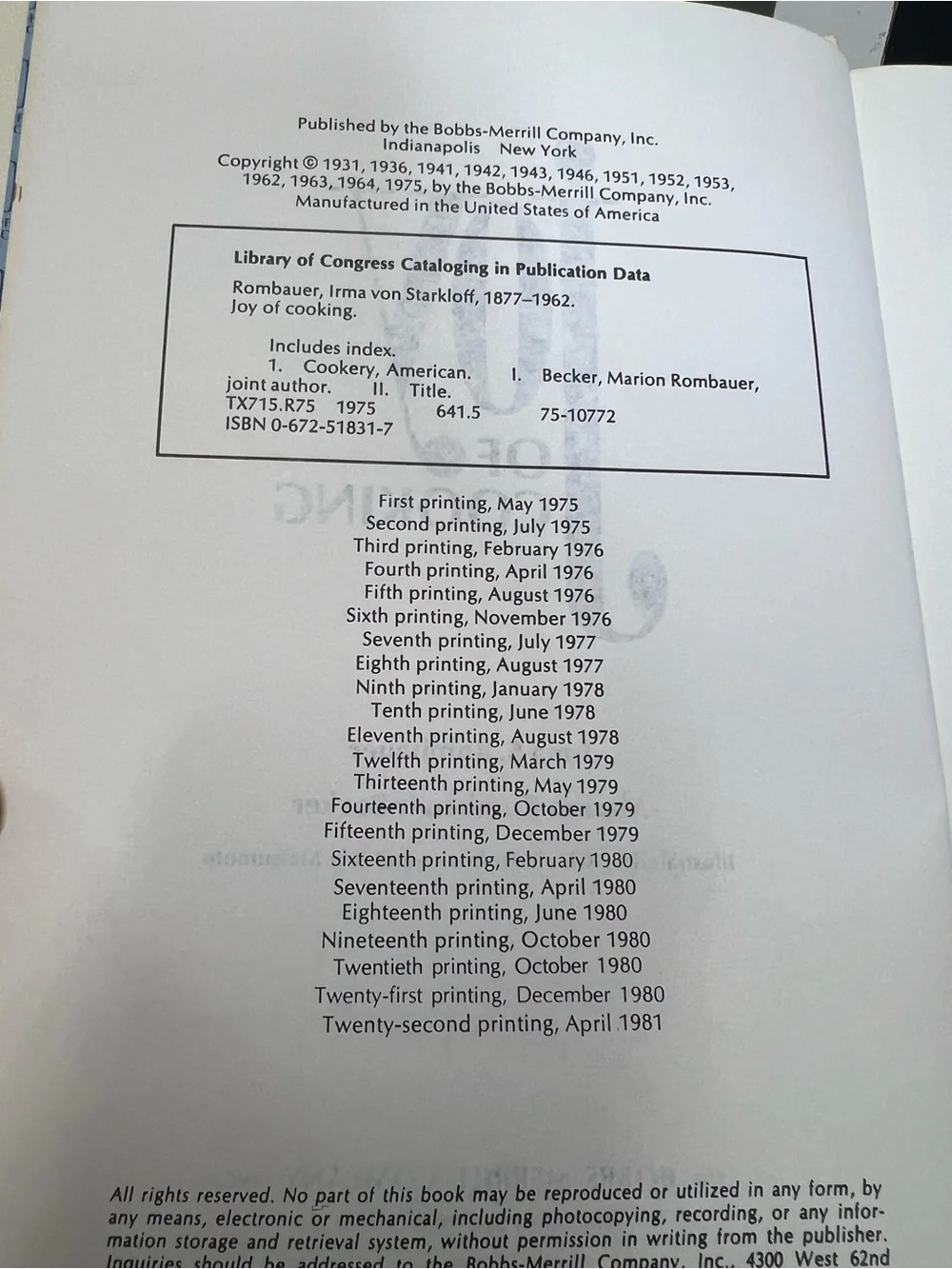 Joy of cooking cookbook Irma rombauer recipes 1981